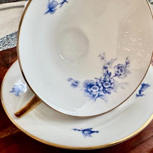 May include: A white teacup and saucer with a blue floral pattern and gold trim. The cup and saucer are both decorated with delicate blue flowers and leaves.