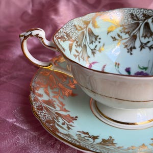 Vintage Paragon Fine Bone China Teacup & Saucer – Aqua Blue, Pink Floral Bouquet Gold Gilt image 5