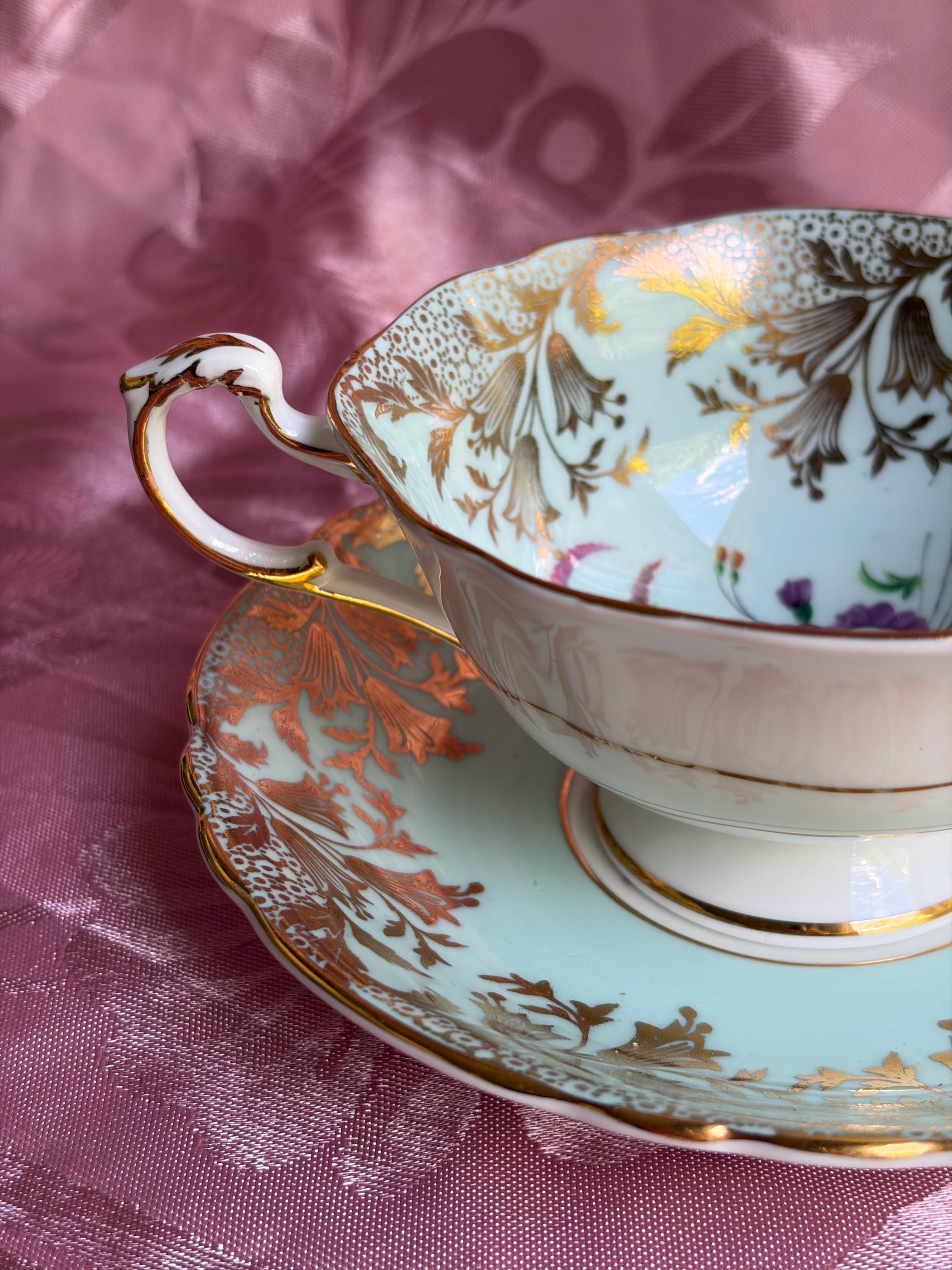Vintage Paragon Fine Bone China Teacup & Saucer – Aqua Blue, Pink Floral Bouquet Gold Gilt