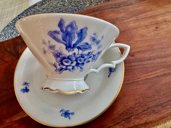 Hutschenreuther Bavaria 2731 Blue Floral Footed Cup & Saucer Set