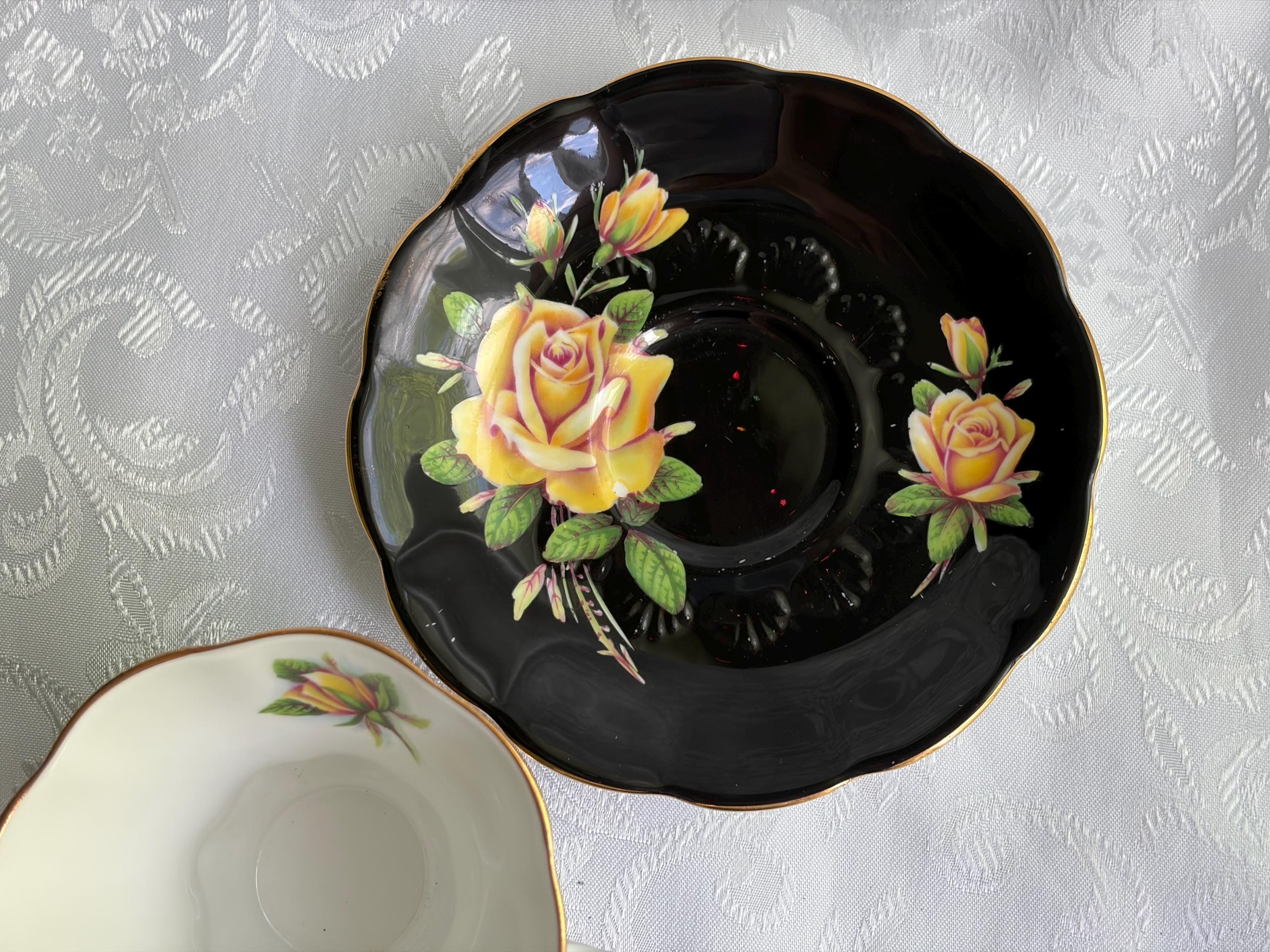 Royal Albert Rosemary Teacup Saucer | Black Yellow Roses Fine China England