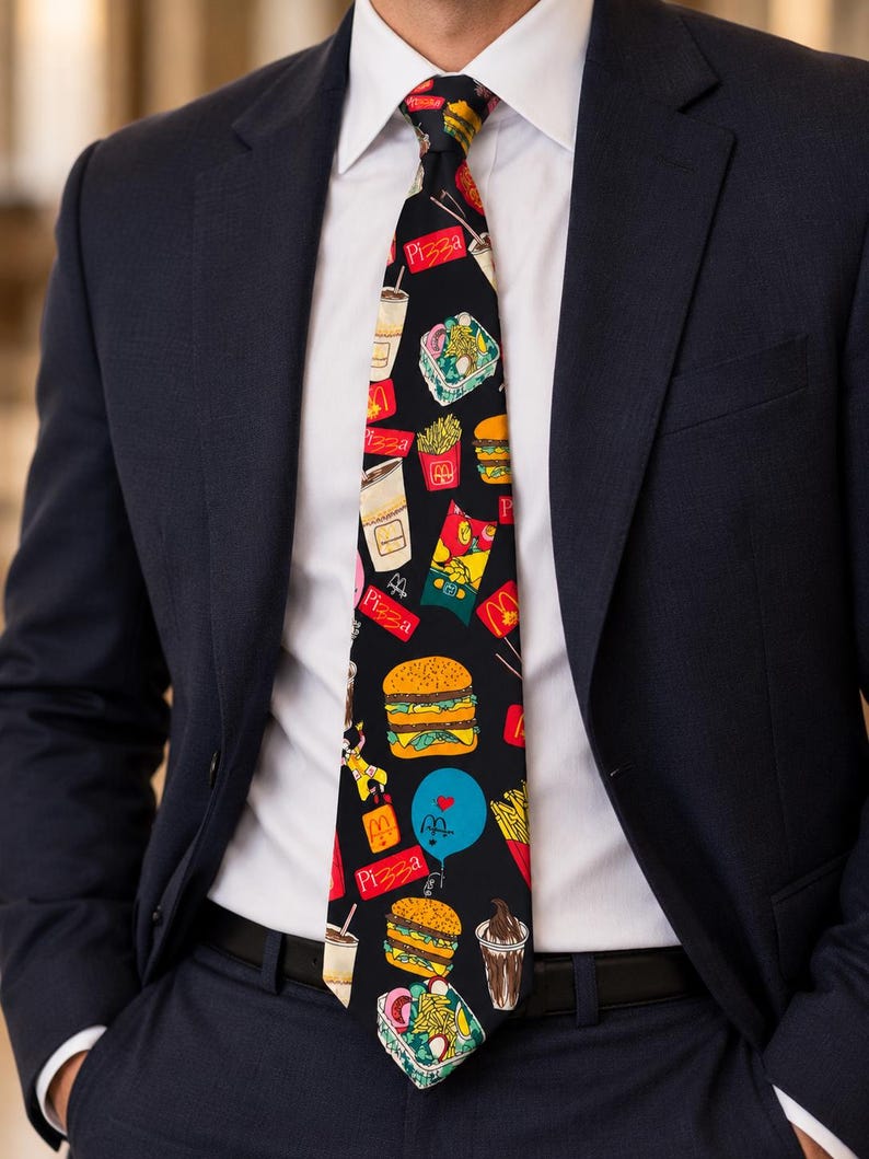 Pu&ograve; includere: Una cravatta nera con un motivo ripetuto di articoli di fast food, tra cui hamburger, patatine fritte, frapp&egrave; e palloncini blu con cuori. La parola Pizza &egrave; stampata in rosso su tutto il tessuto della cravatta.