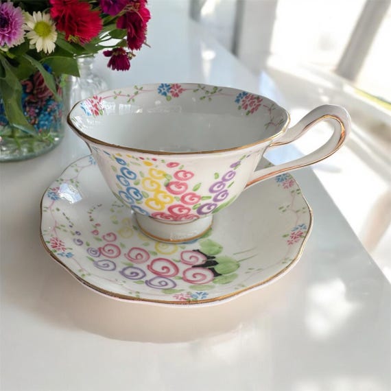 Royal Albert Bone China Teacup & Saucer - Pattern V 2475 - Colorful Swirl Design