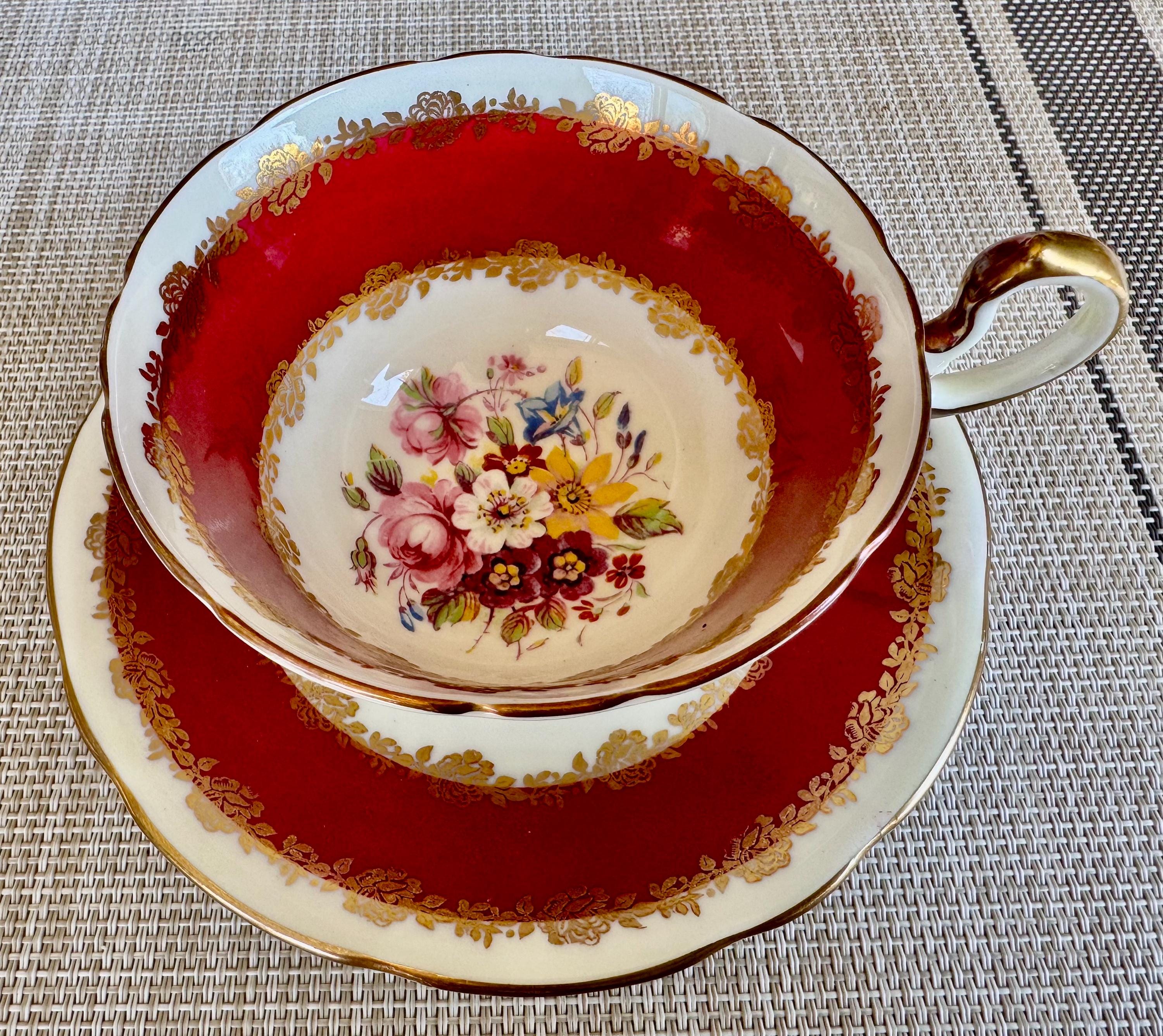Vintage Aynsley Teacup and Saucer: Burgundy Floral, Gold Trim, Made in England