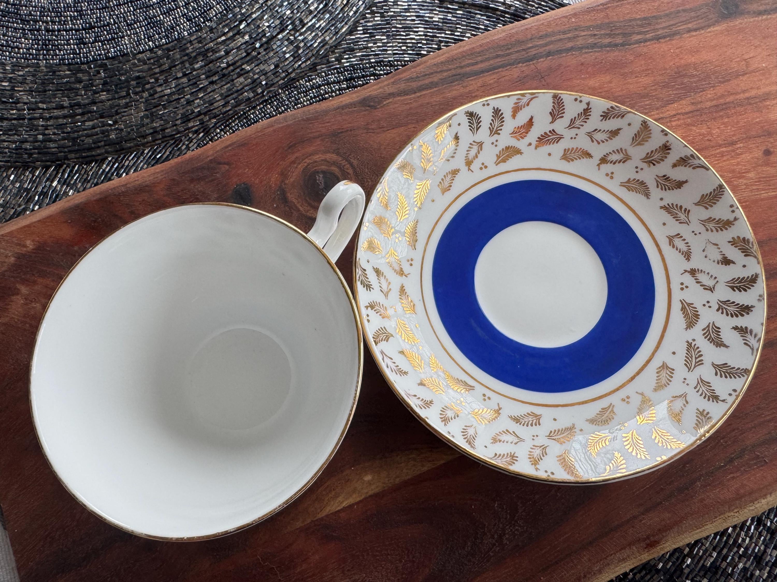 Vintage Crownford Bone China Teacup & Saucer: Cobalt Blue, Gold Laurel Leaf