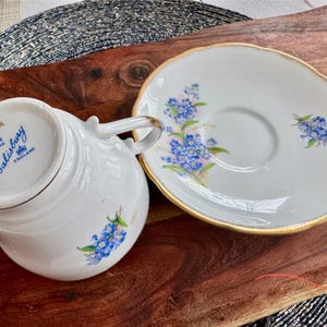May include: A white teacup and saucer with a blue floral pattern. The teacup has a gold rim and the saucer has a gold rim and a gold band around the edge. The teacup has the words "Salisbury Bone China England" printed on the bottom.