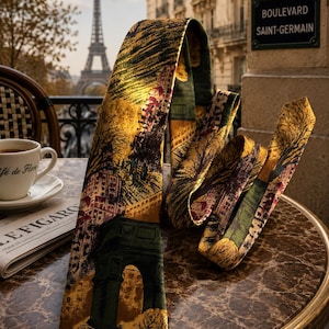 Pu&ograve; includere: Una cravatta con un motivo stampato di monumenti parigini, tra cui l'Arco di Trionfo e la Torre Eiffel, in tonalit&agrave; oro, verde scuro e nero. Il tessuto presenta un'illustrazione dettagliata di strade e alberi della citt&agrave;.