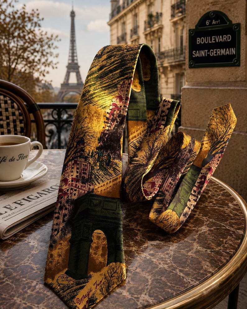 Pu&ograve; includere: Una cravatta con un motivo stampato di monumenti parigini, tra cui l'Arco di Trionfo e la Torre Eiffel, in tonalit&agrave; oro, verde scuro e nero. Il tessuto presenta un'illustrazione dettagliata di strade e alberi della citt&agrave;.