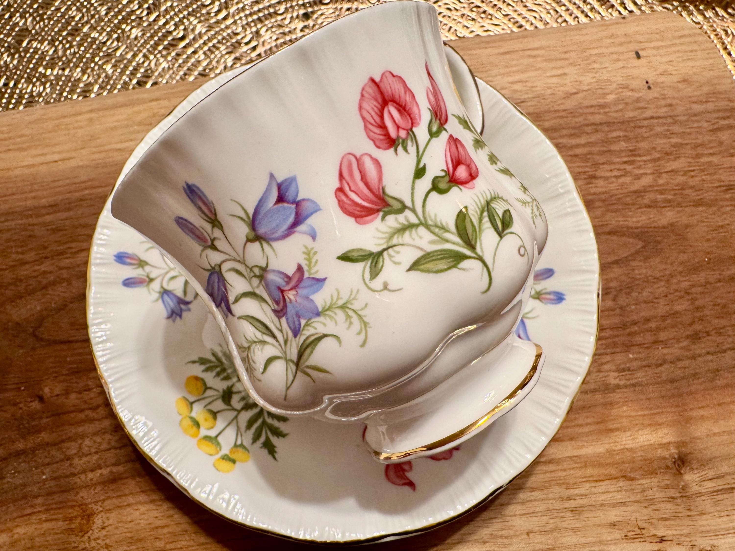 Vintage Paragon Bone China Teacup and Saucer - “English Flowers” with Gold Trim (1957-1960)