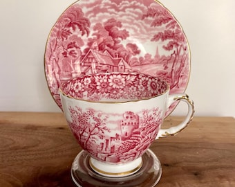 Vintage H & M Sutherland “Rural Scenes” Teacup with Saucer – Red Transferware – Made in England