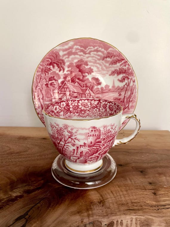 Vintage H & M Sutherland “Rural Scenes” Teacup with Saucer – Red Transferware – Made in England