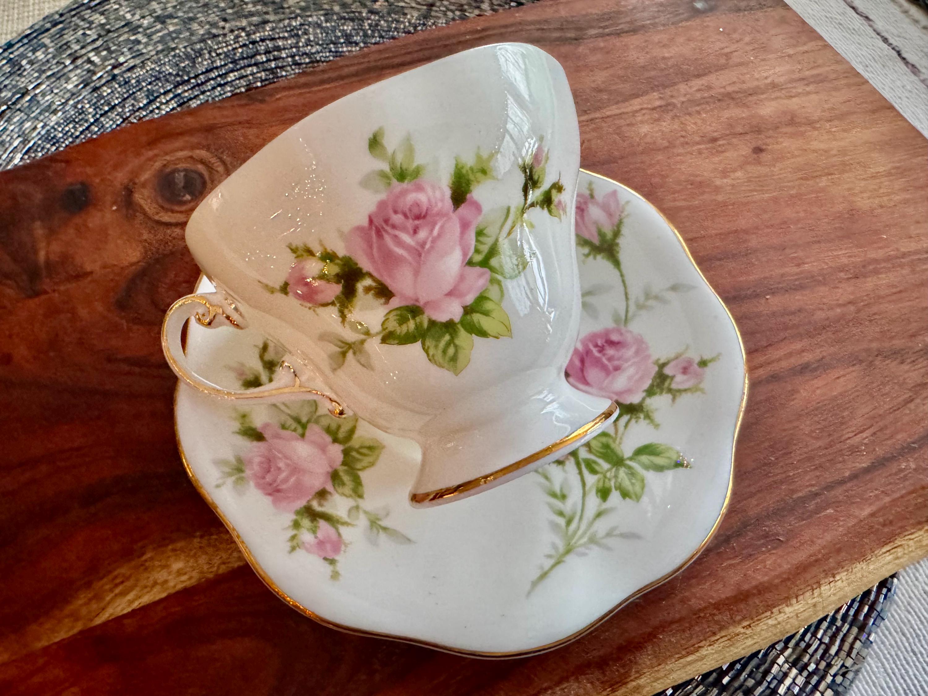 Foley China Bone Cup & Saucer - Pastel Yellow with Pink Roses