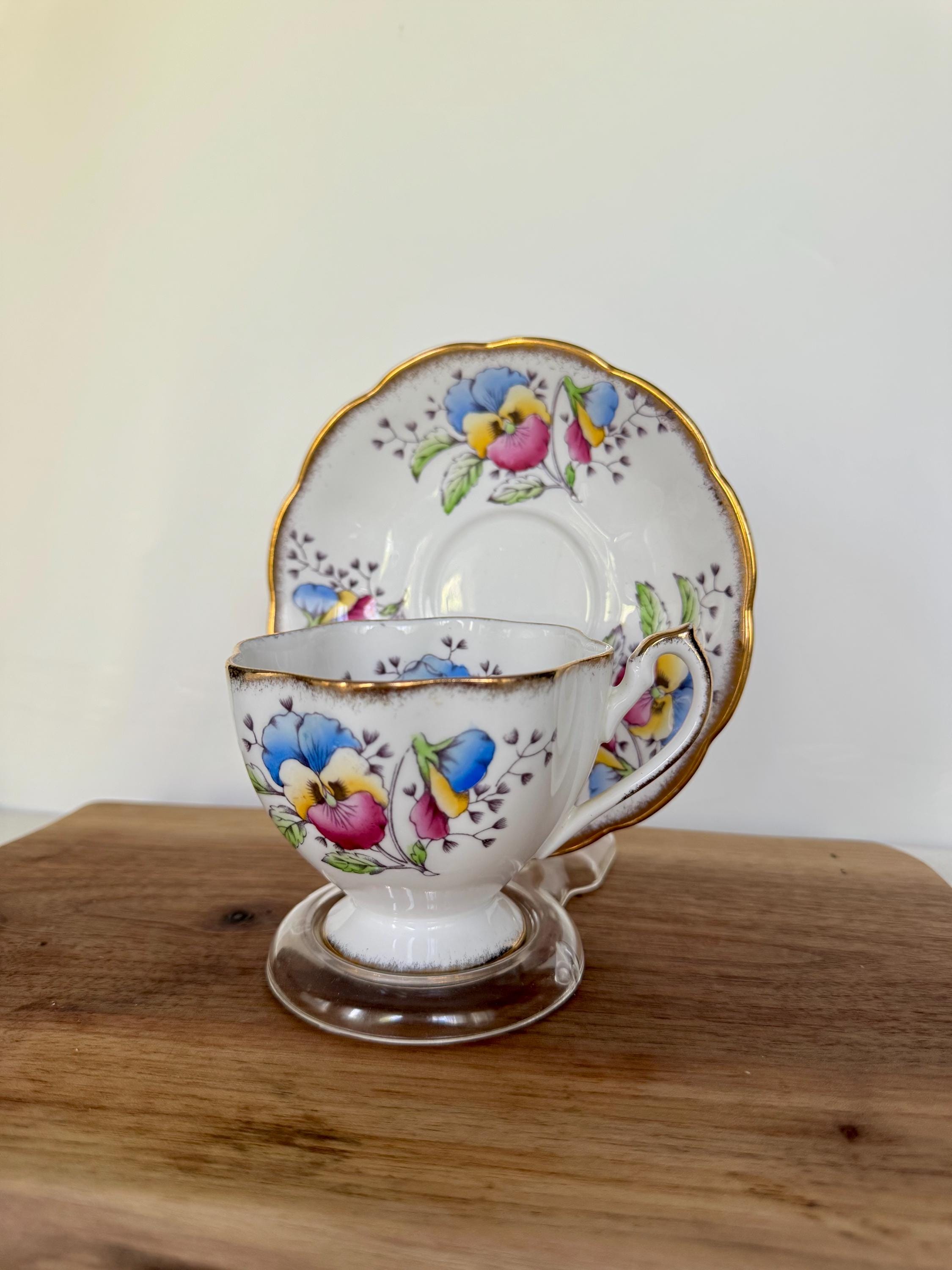 Vintage Queen Anne Teacup and Saucer – “Country Gardens: Pansy” – Multicolor Florals with Gold Trim