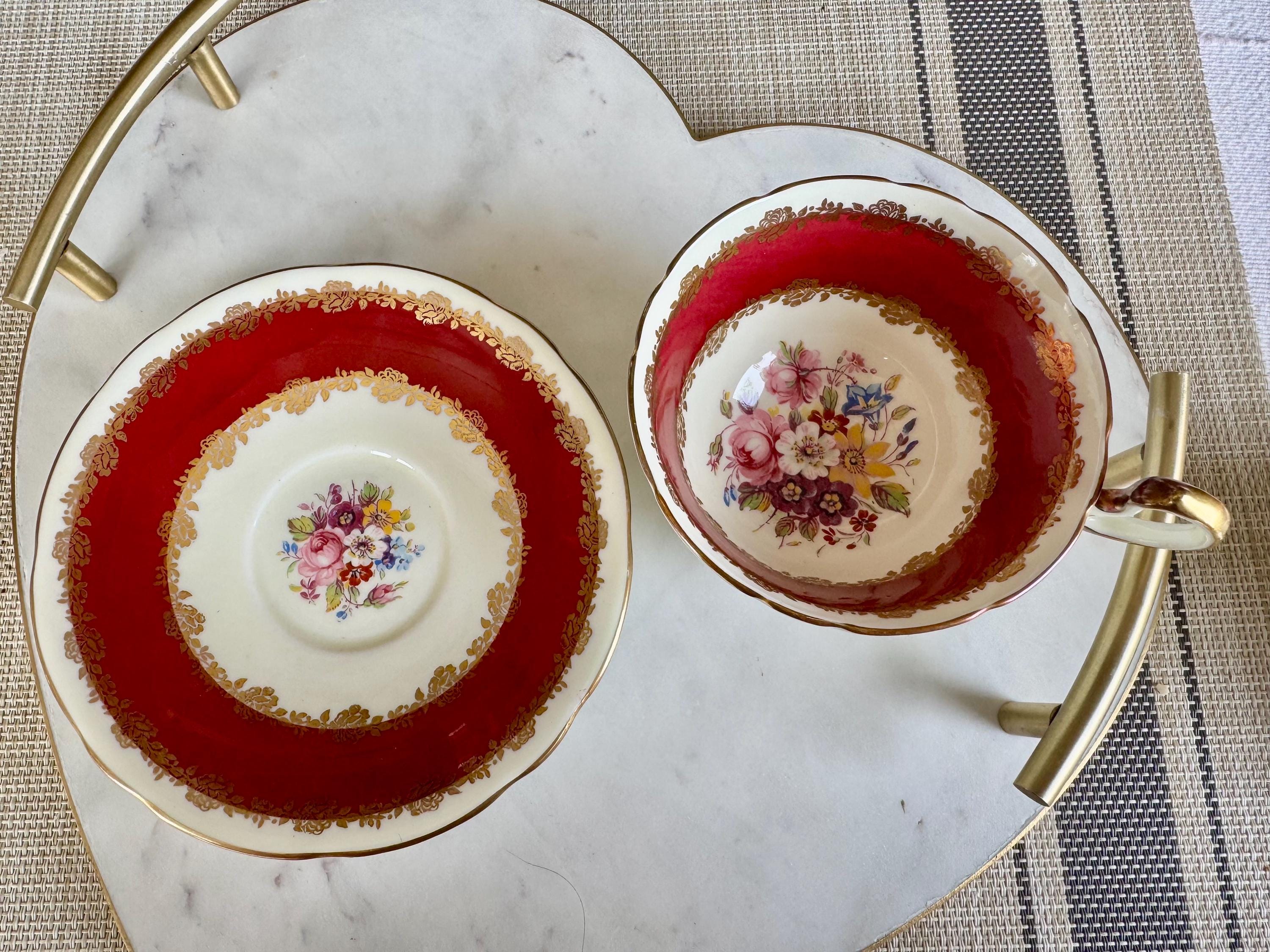 Vintage Aynsley Teacup and Saucer: Burgundy Floral, Gold Trim, Made in England