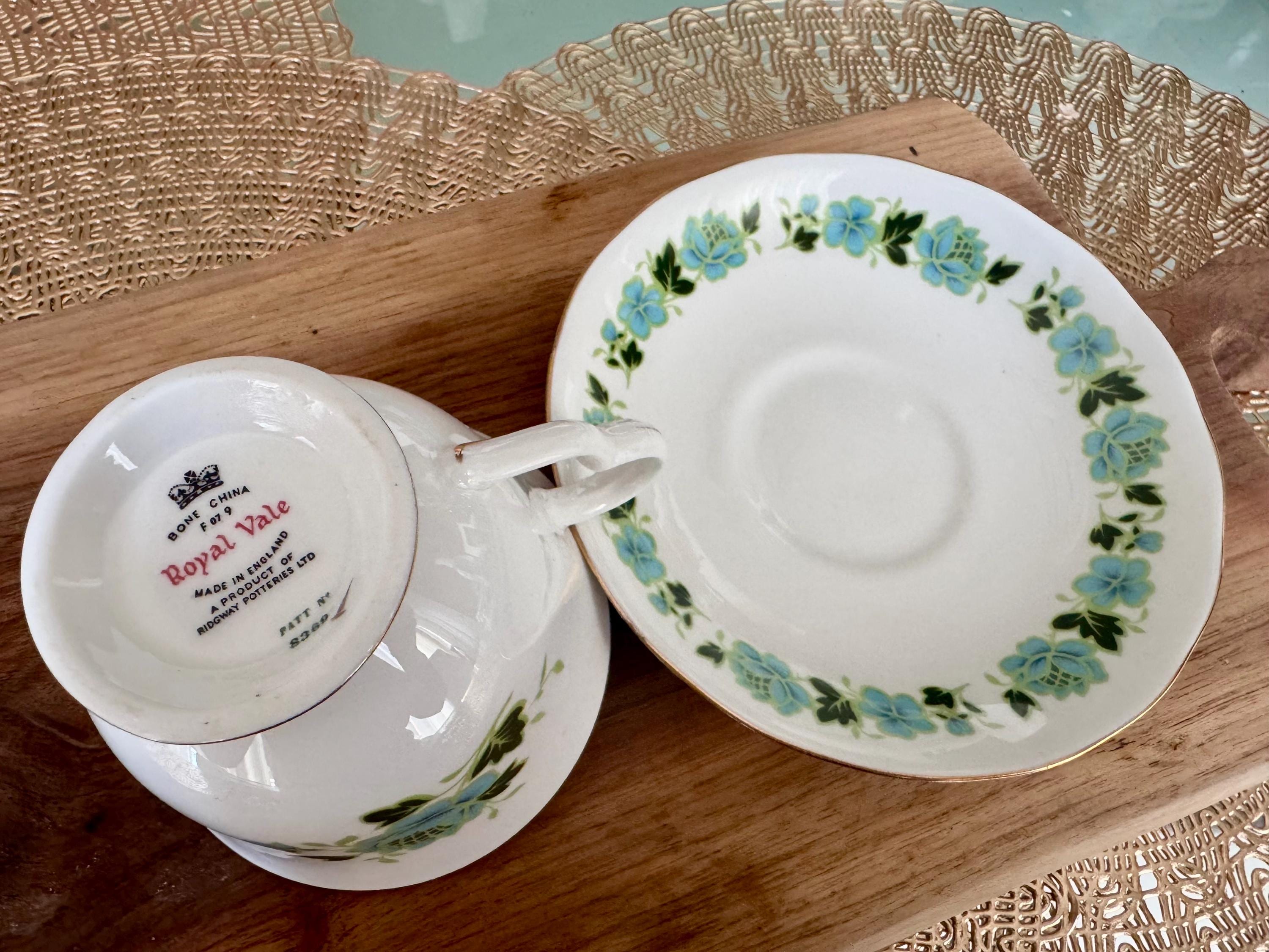 Vintage Royal Vale Bone China Teacup and Saucer: Teal Floral, Gold Trim