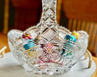 Vintage Pressed Glass Basket: Floral Pattern, Arched Handle, Scalloped Rim