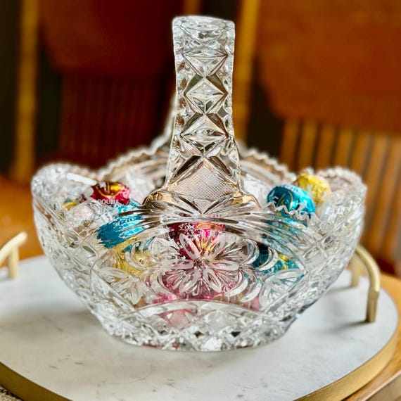 Vintage Pressed Glass Basket: Floral Pattern, Arched Handle, Scalloped Rim
