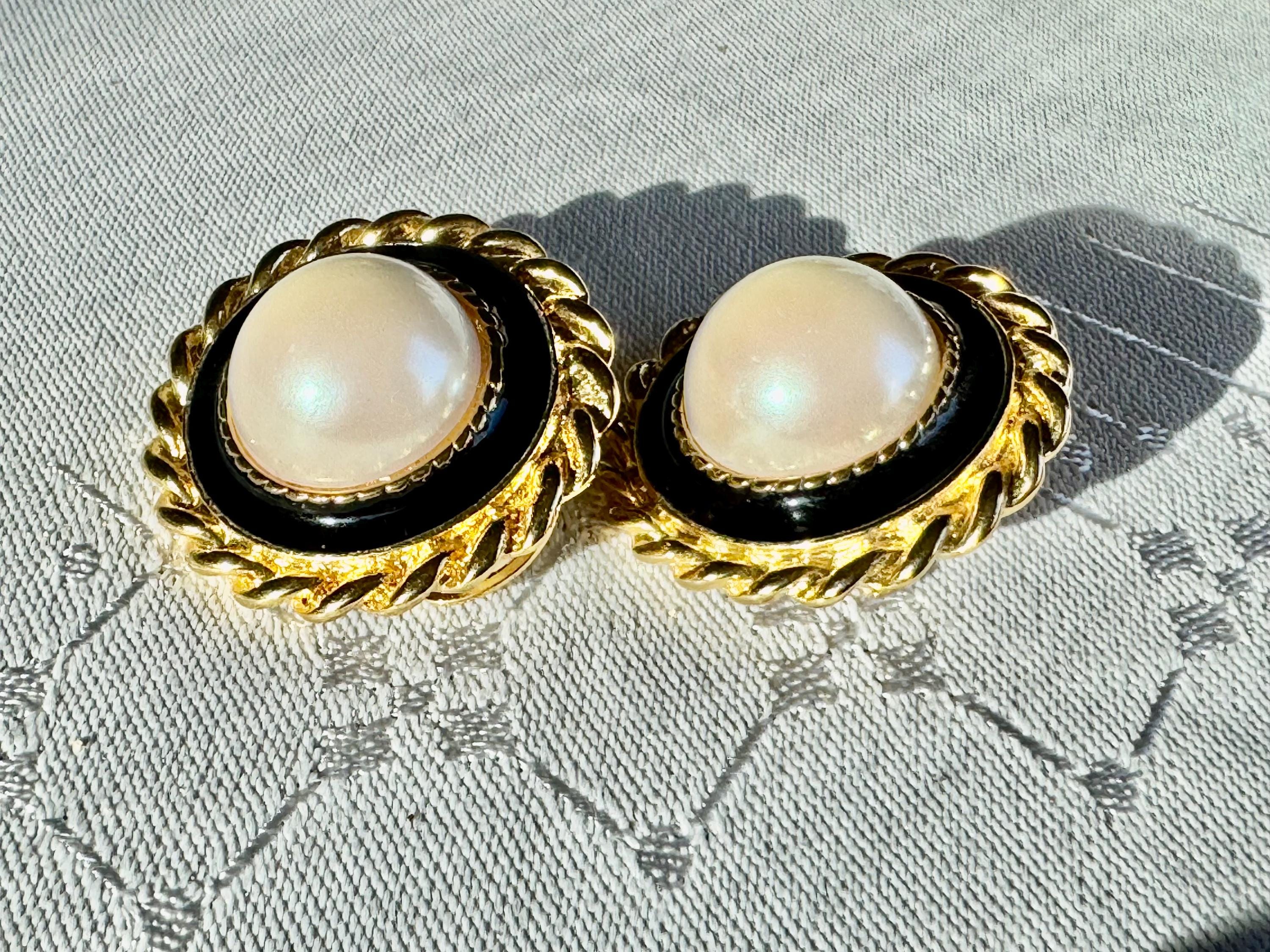 Vintage Park Lane Clip-On Earrings — Faux Pearl & Black Enamel Gold Tone Statement