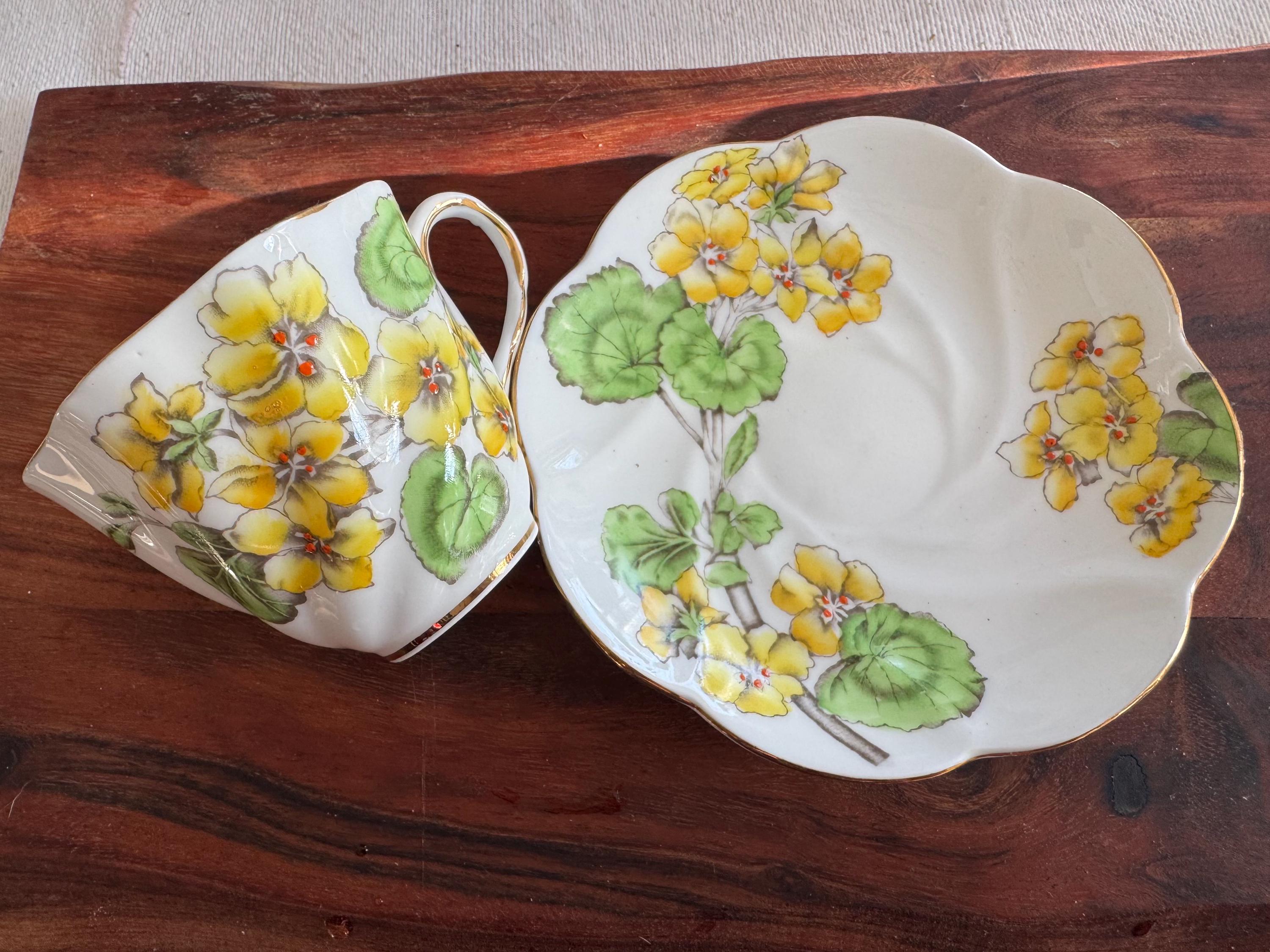 Vintage 1930s Salisbury Bone China Teacup & Saucer - “Geranium” Pattern - Yellow Floral Elegance