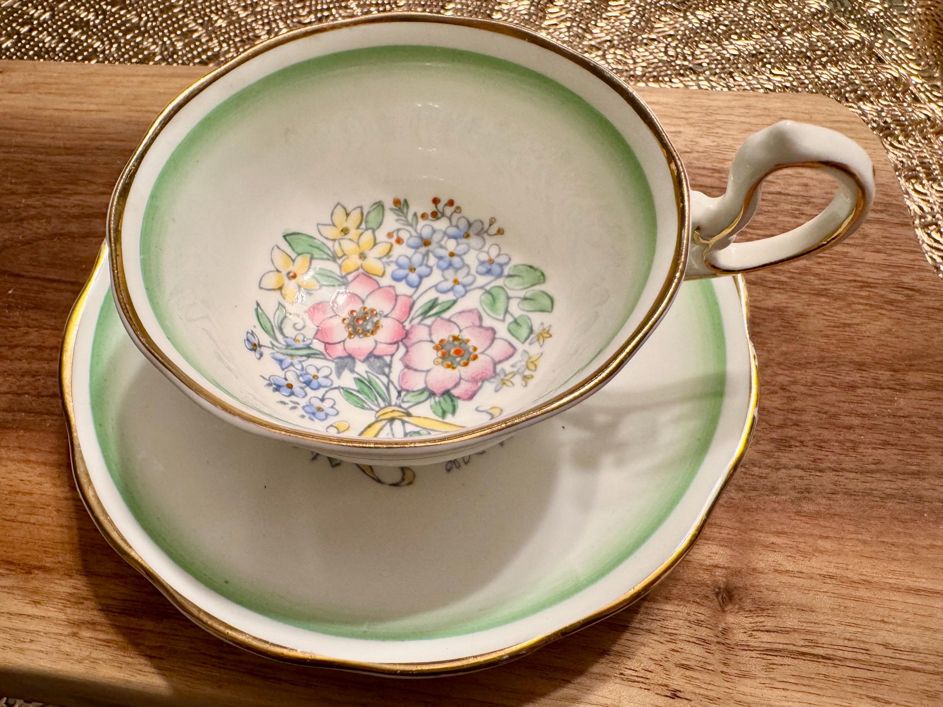 Vintage Royal Albert Bone China Cup and Saucer: Floral Bouquet, Green Trim