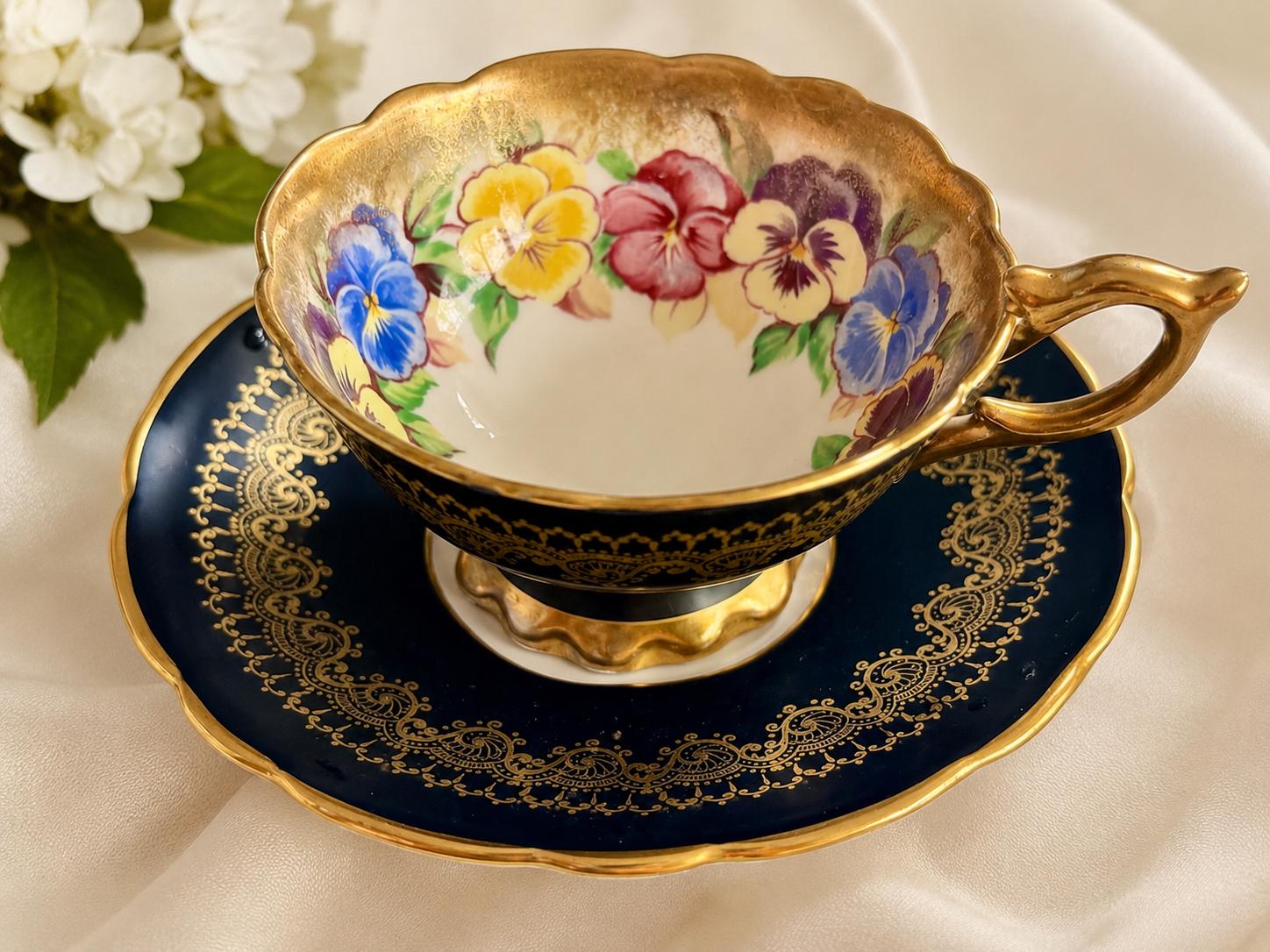Vintage Pansies Bone China Teacup & Saucer – Royal Stafford or Hammersley – Made in England