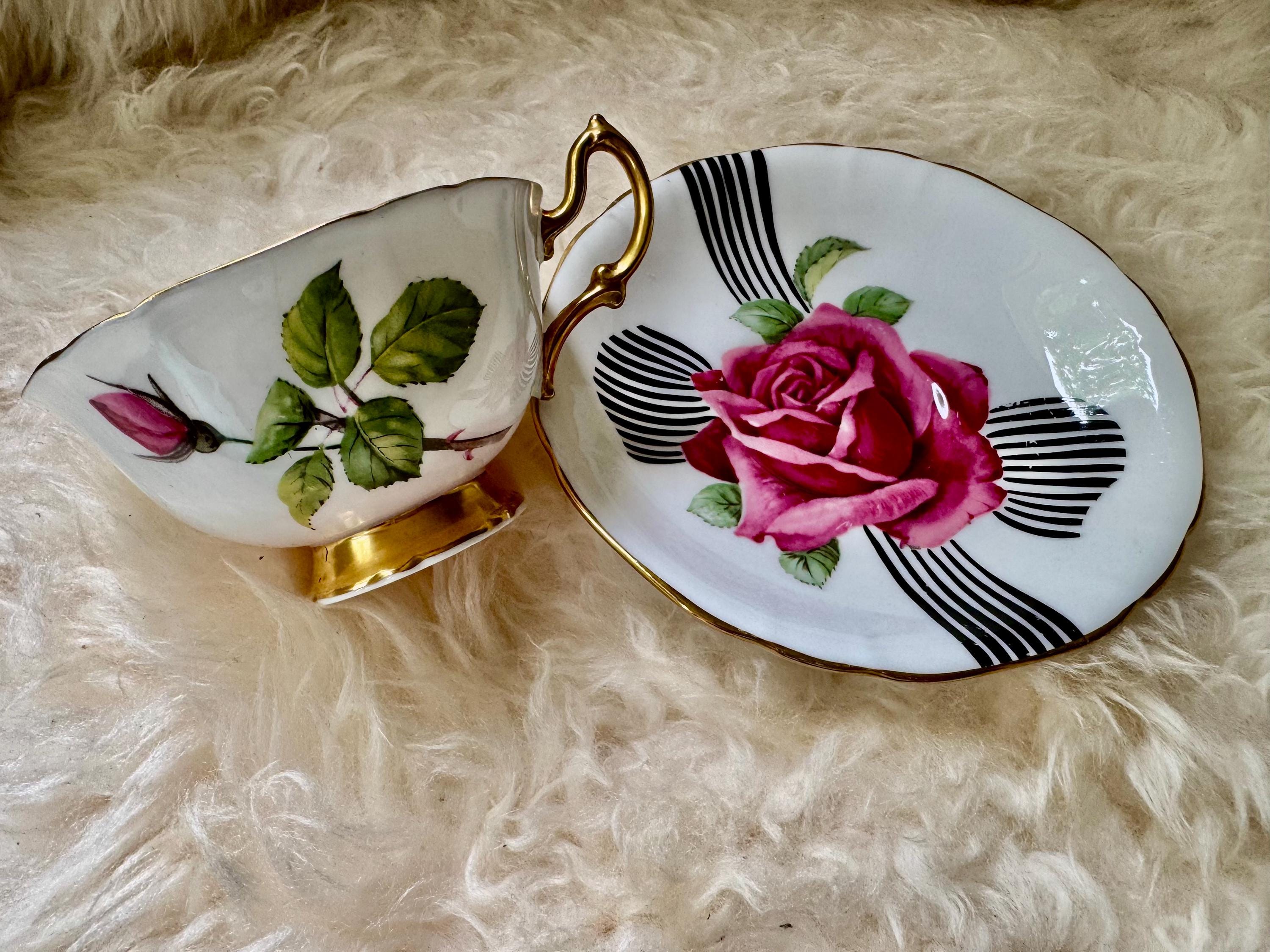 Vintage Mayfair Bone China England Teacup & Saucer – Bold Pink Rose Black Ribbon Design