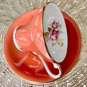 Vintage Aynsley Burnt Orange Teacup & Saucer – Gilded Rose Interior – English Bone China image 2