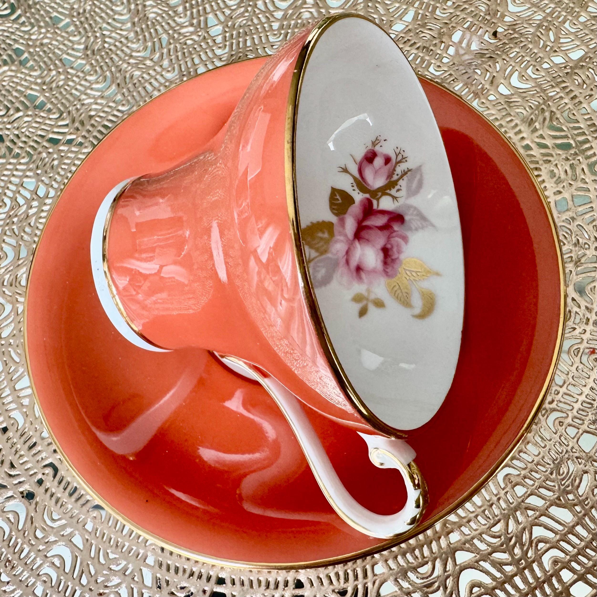 Vintage Aynsley Burnt Orange Teacup & Saucer – Gilded Rose Interior – English Bone China