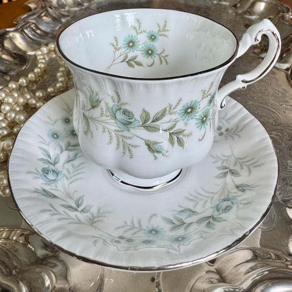 Vintage Paragon “Debutante” Teacup & Saucer Set – Pale Blue Florals Silver Rim