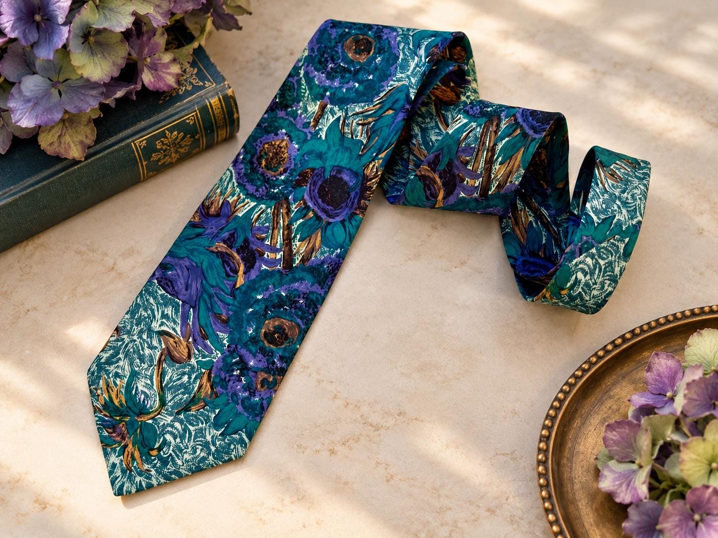 Vintage Italseta 100% Silk Tie — Made in Italy — Teal Purple Floral Pattern