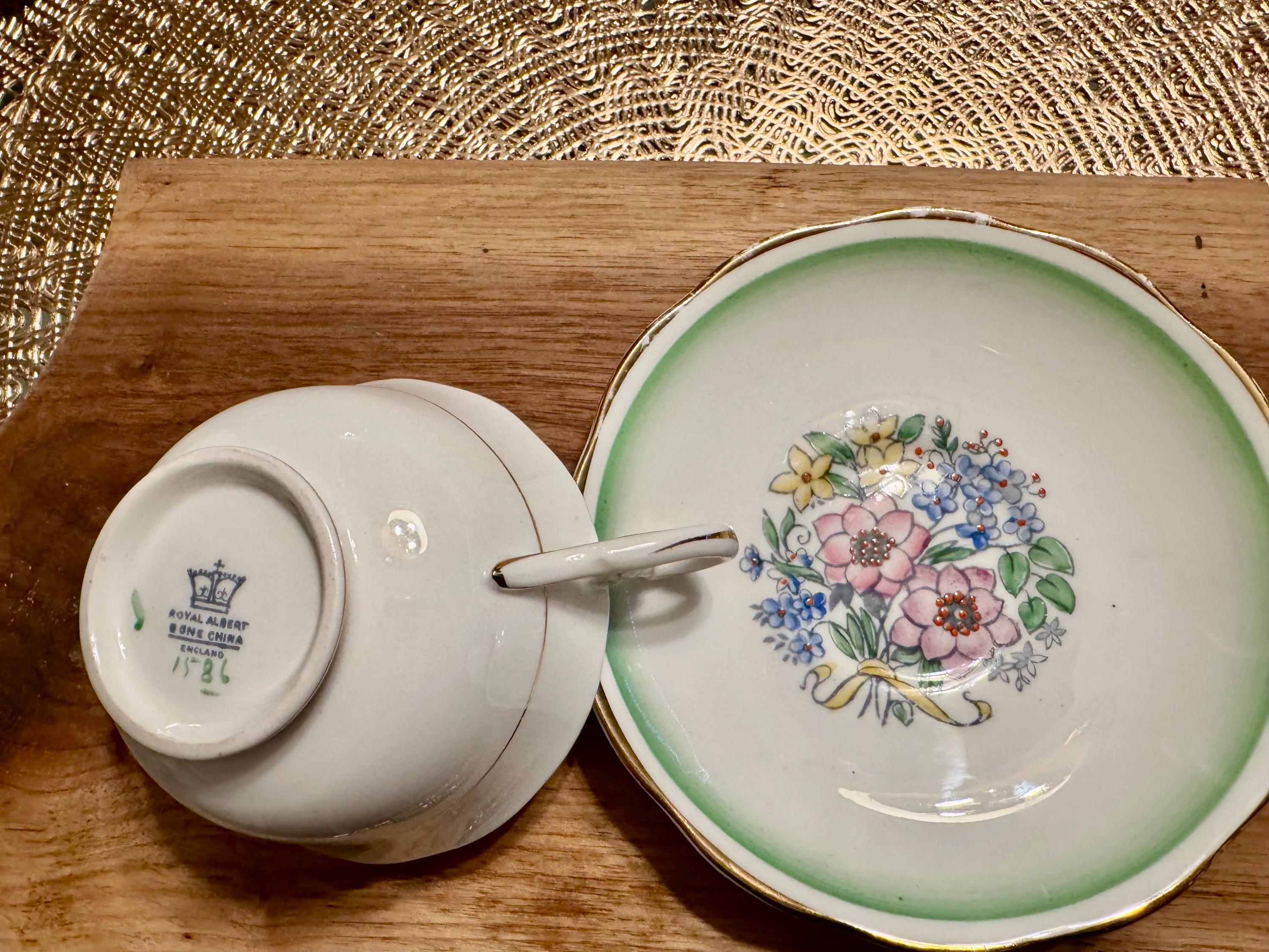 Vintage Royal Albert Bone China Cup and Saucer: Floral Bouquet, Green Trim