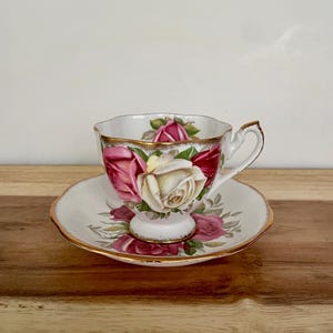 Vintage Queen Anne “Lady Sylvia” Teacup & Saucer – Pink Cream Roses with Gold Trim – England image 4
