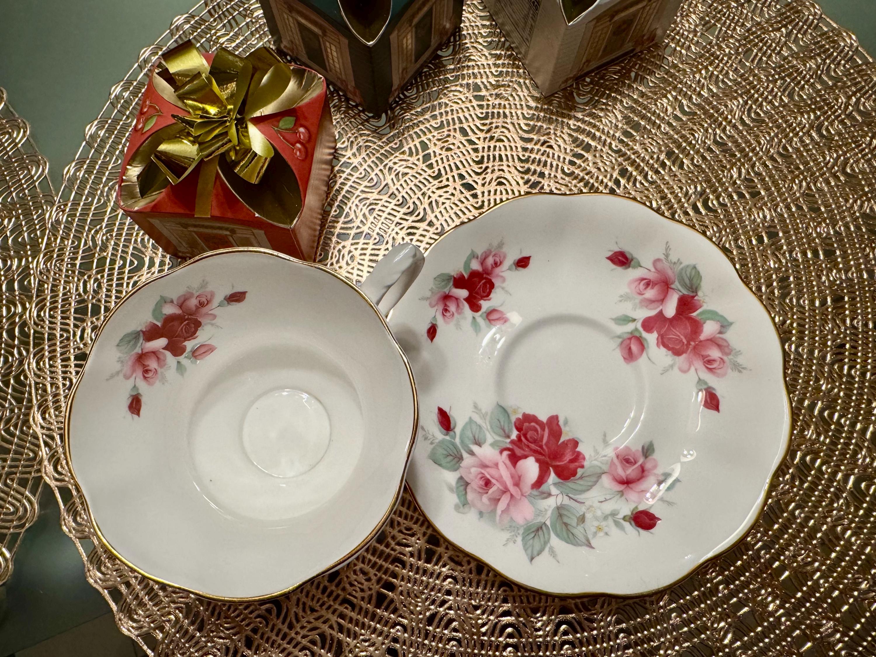 Vintage Royal Albert Corset-Shaped Tea Cup and Saucer Set - Pink and Red Roses