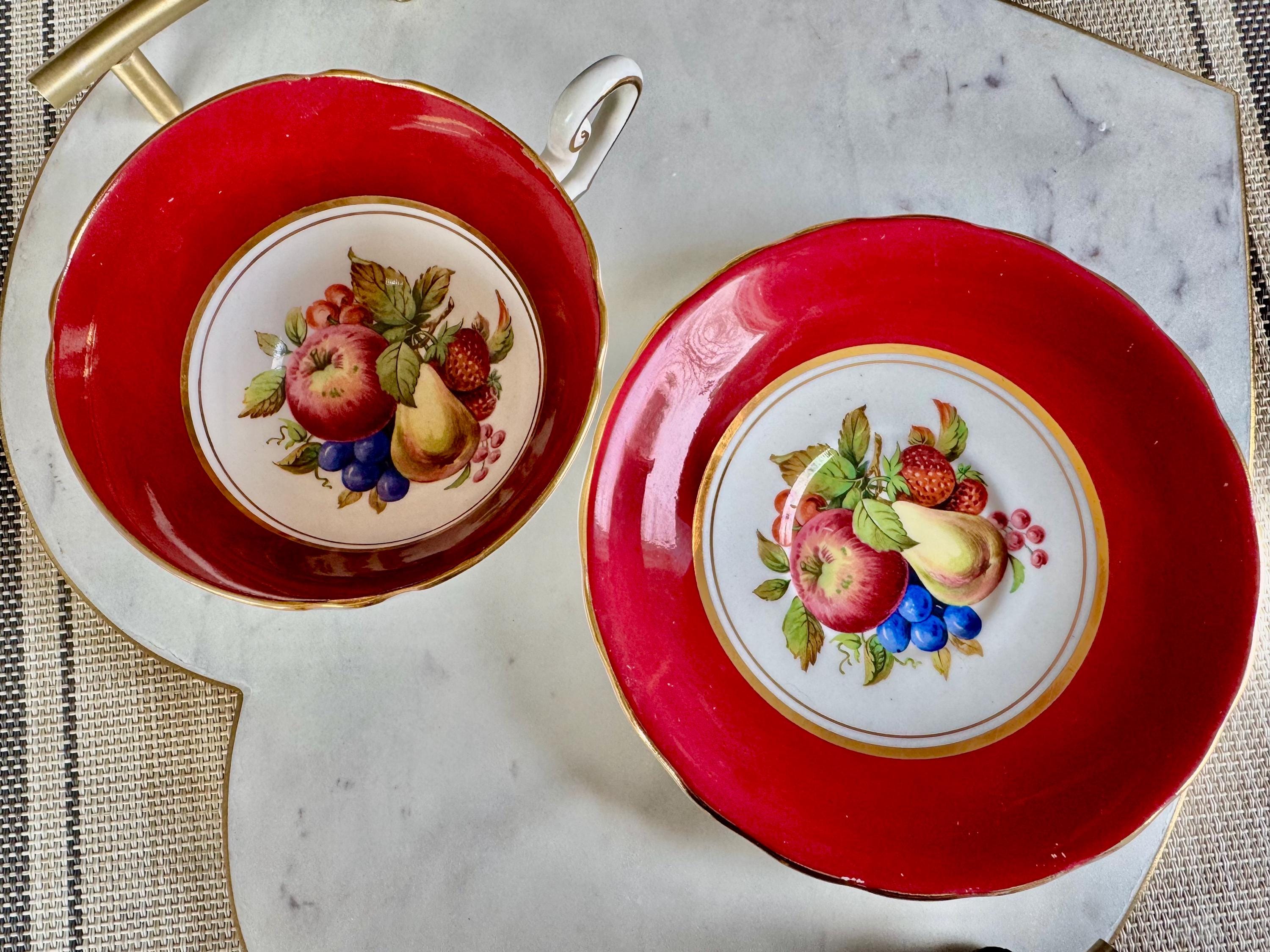 Vintage Windsor Bone China Cup & Saucer – Crimson Gold with Fruits – Made in England