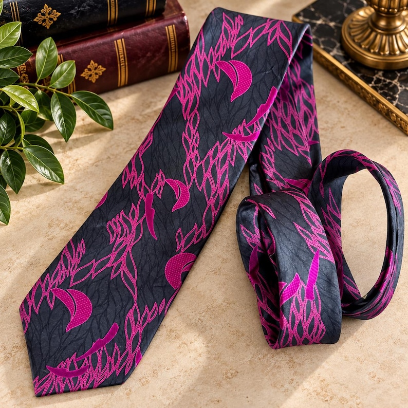 Puede incluir: Una corbata con una base de color gris carb&oacute;n oscuro y un patr&oacute;n repetitivo de lunas crecientes de color magenta vibrante y formas estilizadas similares a hojas. La tela tiene un brillo sutil y el dise&ntilde;o se distribuye por toda la pieza.