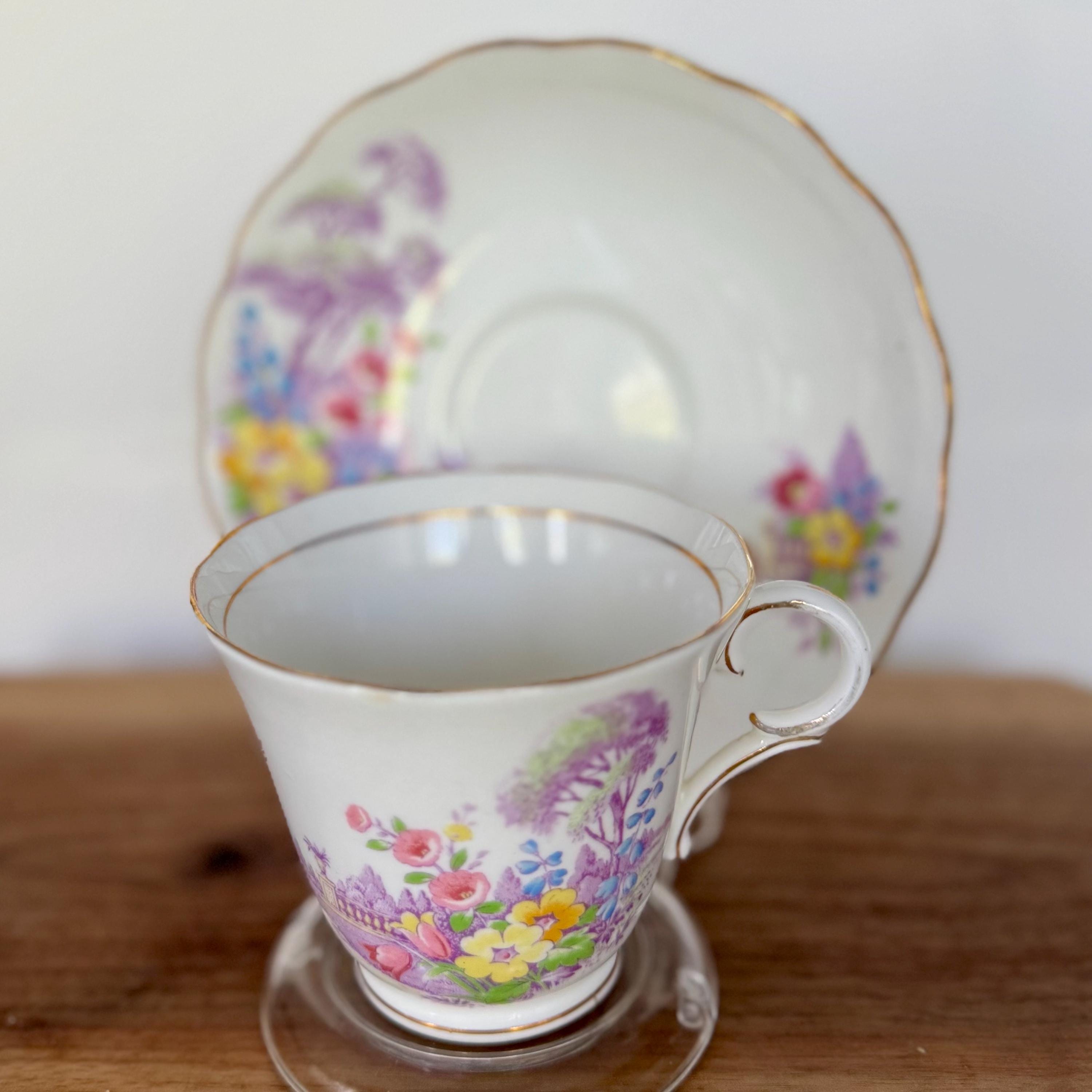 Vintage Colclough Bone China Teacup & Saucer – English Cottage Garden Scene – Made in Longton, England