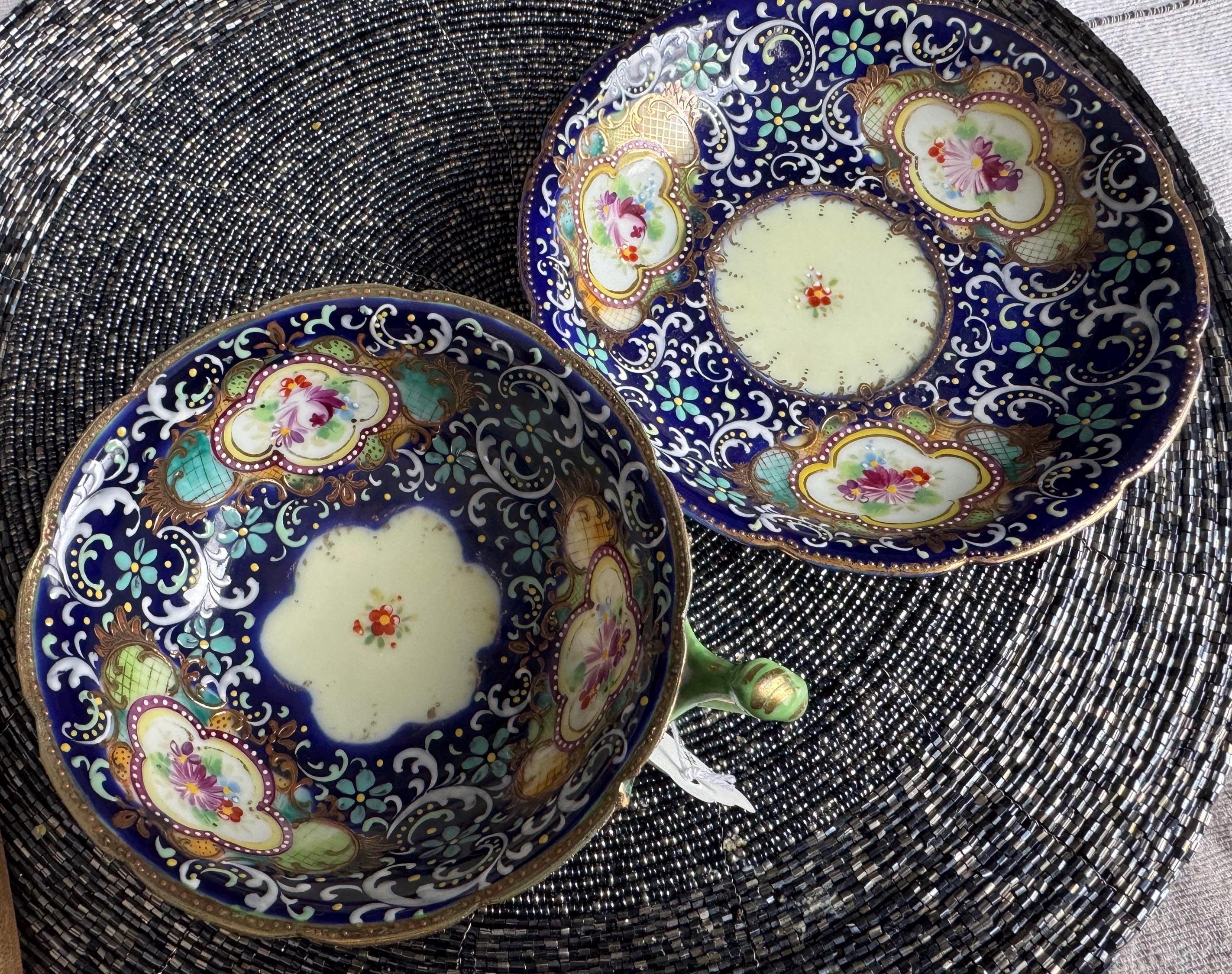 Antique 1880s Likely Nippon Japonisme Tea Cup & Saucer – Hand-Painted Moriage Gold Beading – No Stamp