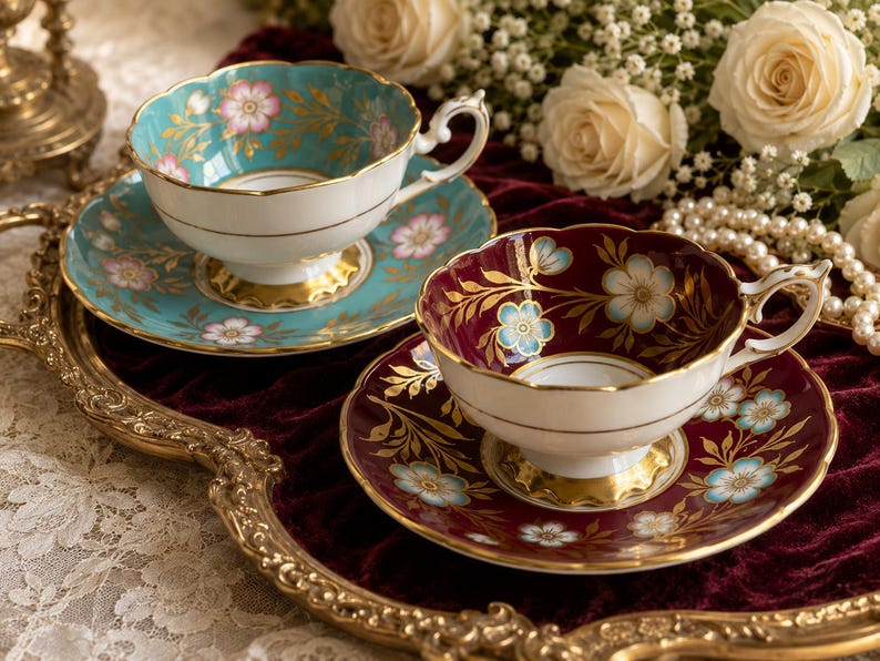 May include: Two porcelain teacups and saucers with scalloped edges. One set features a turquoise background with pink floral patterns and gold accents, while the other has a deep burgundy background with light blue floral patterns and gold trim.