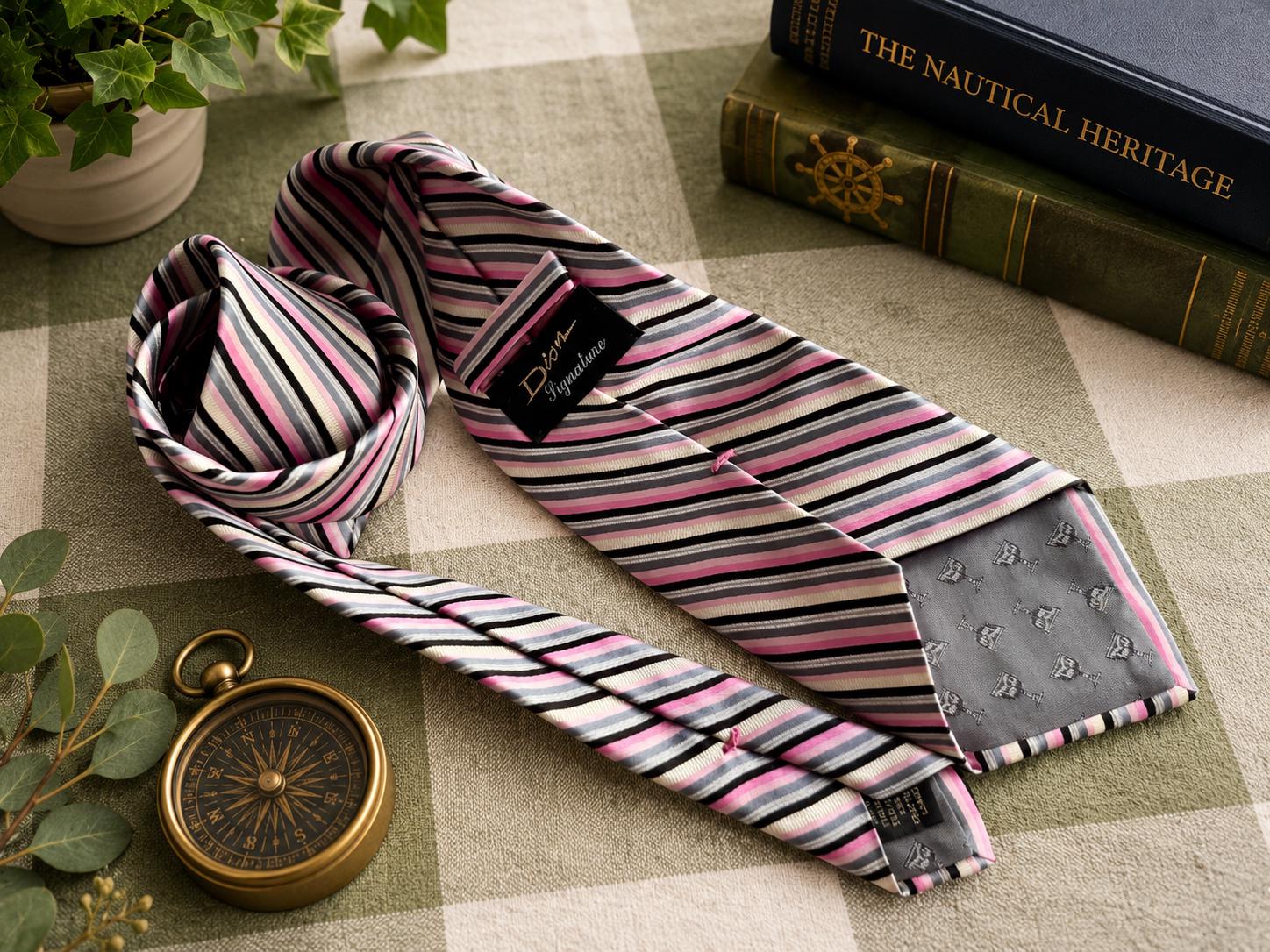 Dion Signature Vintage Italian Silk Necktie | Pink Grey Stripe, Hand Crafted Canada