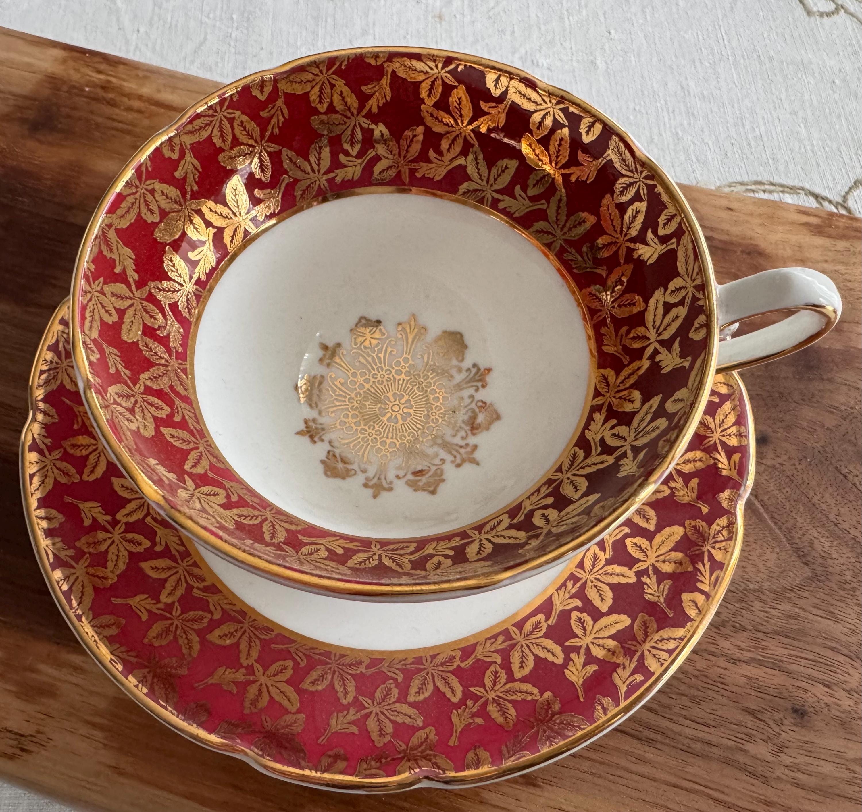 Vintage Staffordshire Stanley Teacup & Saucer – Ruby Red Gold Gilt – Made in England