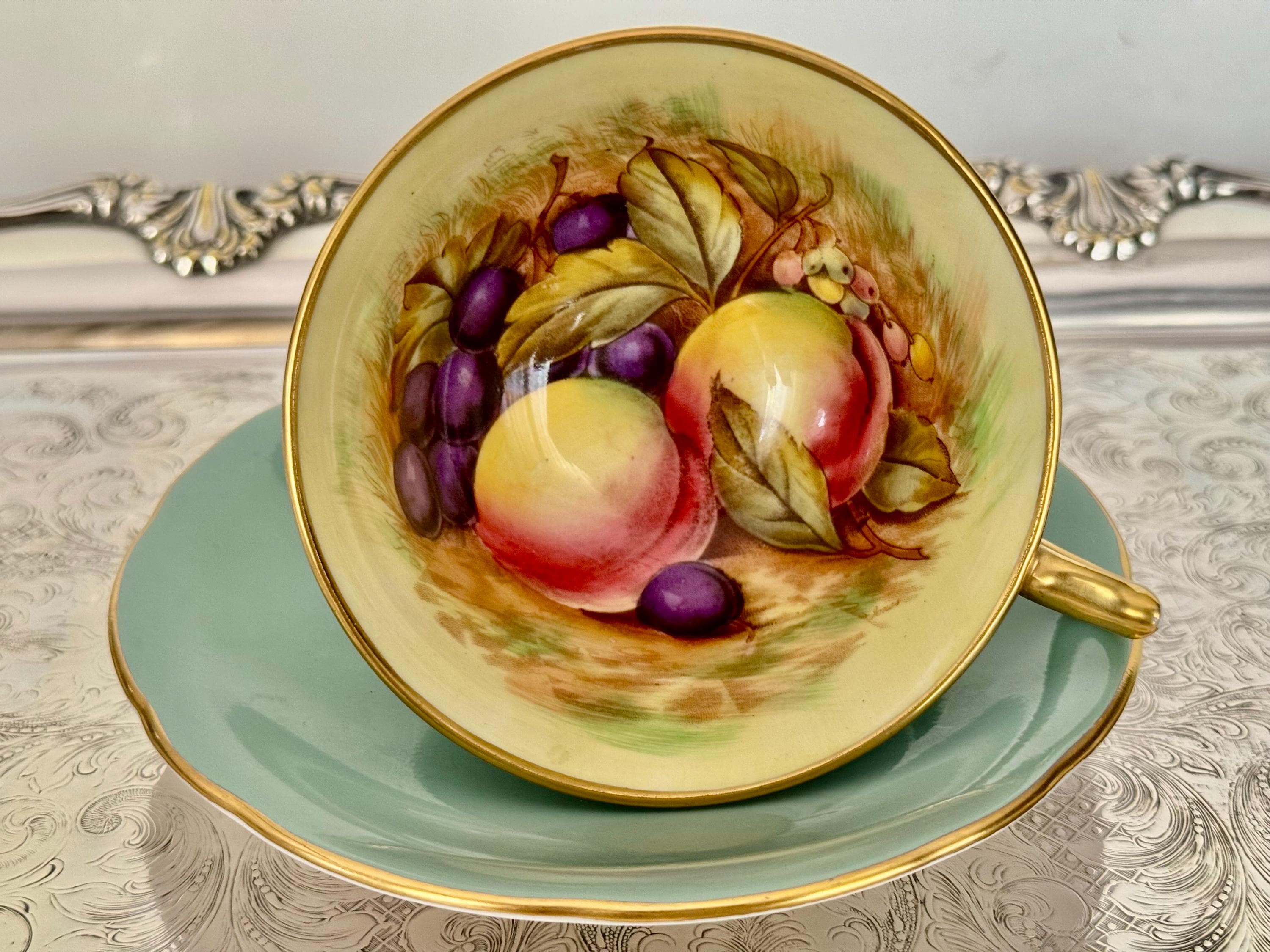 Vintage Aynsley Orchard Fruit Teacup & Saucer: Signed D. Jones, 1939