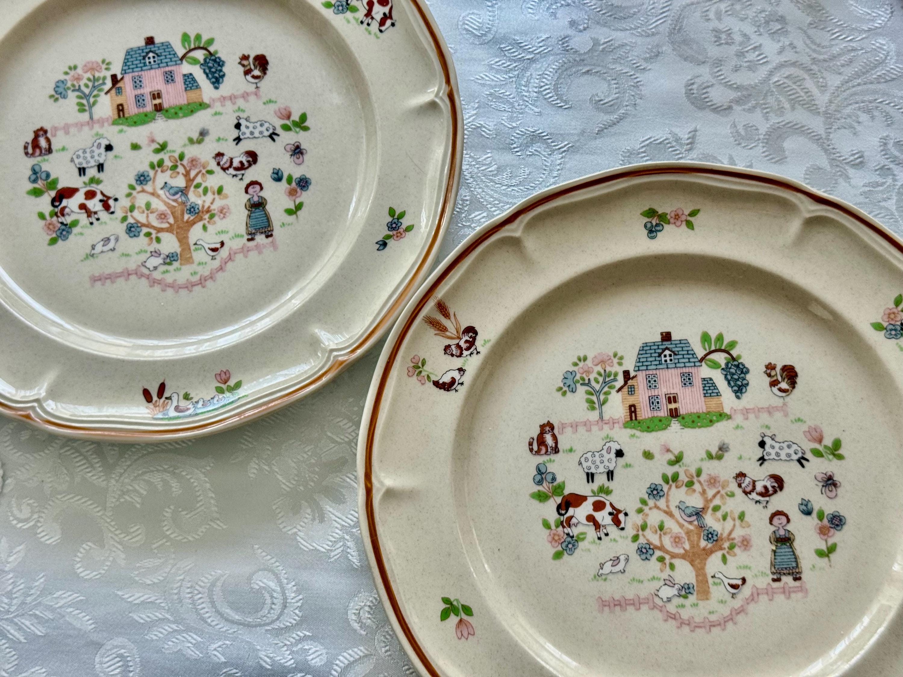 Vintage Japanese Stoneware Dinner Plate 10.5” — Farmhouse Pastoral Scene — Made in Japan