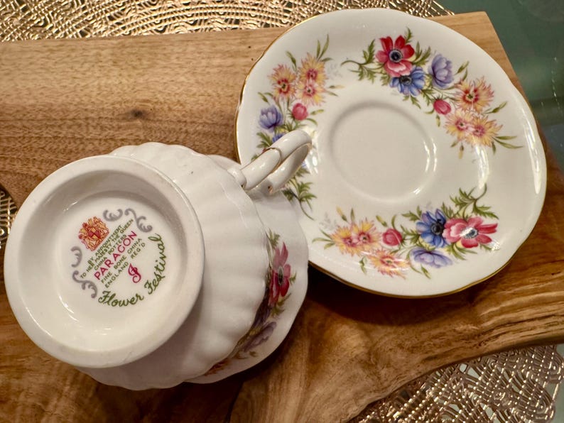 Vintage Paragon “Flower Festival” Bone China Cup and Saucer - Made in England (1957-1960) image 5