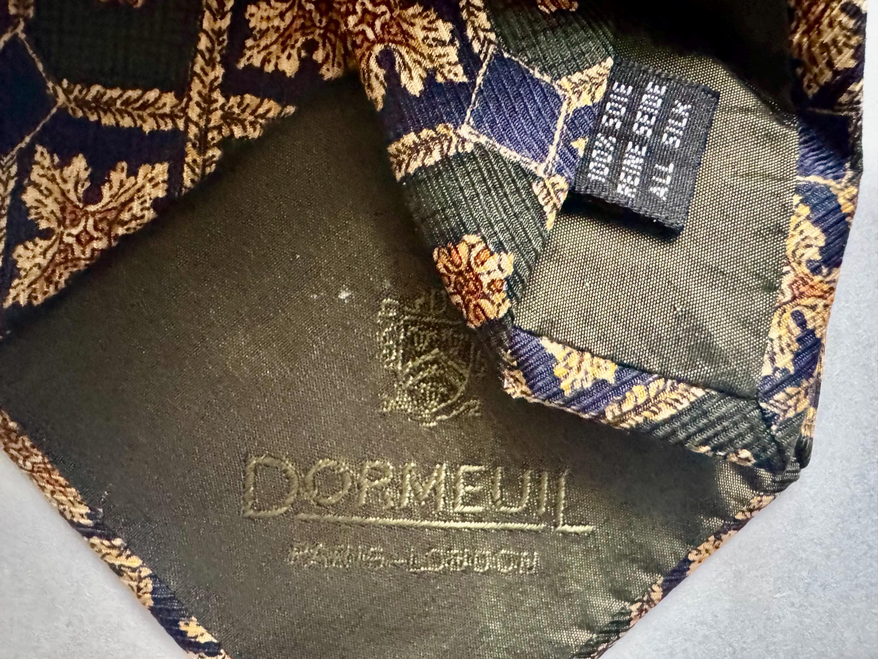 Vintage Dorméuil 100% Silk Tie — Paris London — Navy Green Gold Geometric Pattern — Made in Italy