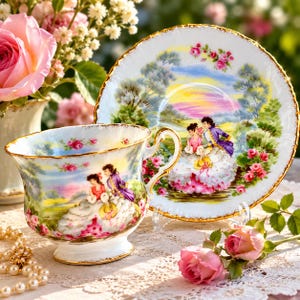 May include: A porcelain teacup and saucer set featuring a colorful landscape scene with a couple in period clothing, accented by pink roses and gold trim. The design depicts a man and woman in a garden setting, repeated on both pieces.