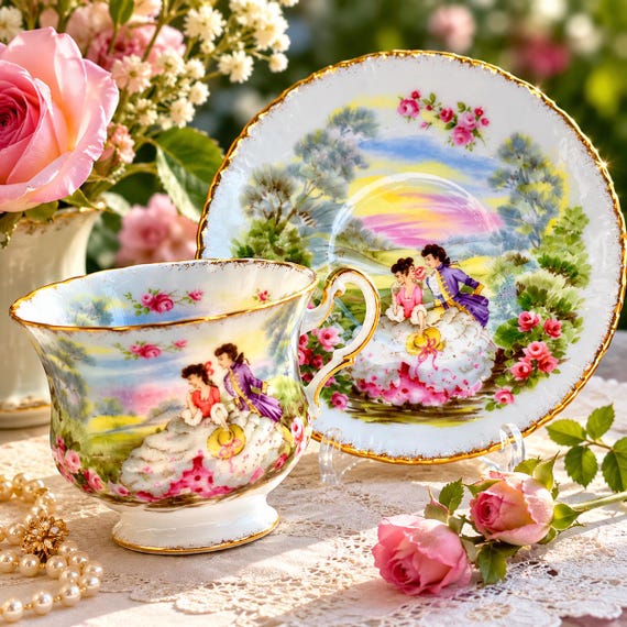 Vintage Paragon Marlborough Series Bone China Teacup & Saucer – Romantic Courting Scene – Made in England