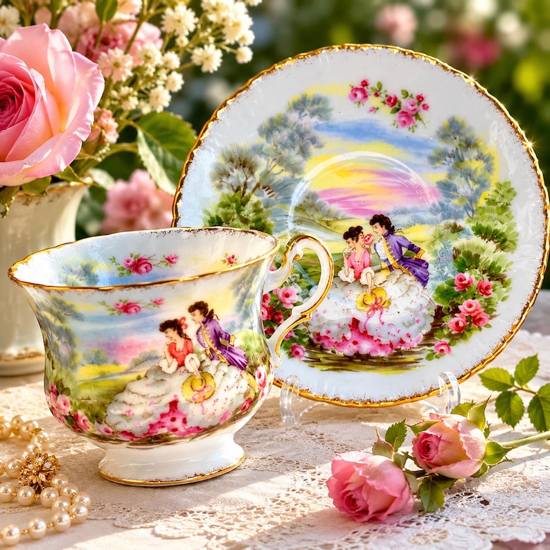May include: A porcelain teacup and saucer set featuring a colorful landscape scene with a couple in period clothing, accented by pink roses and gold trim. The design depicts a man and woman in a garden setting, repeated on both pieces.