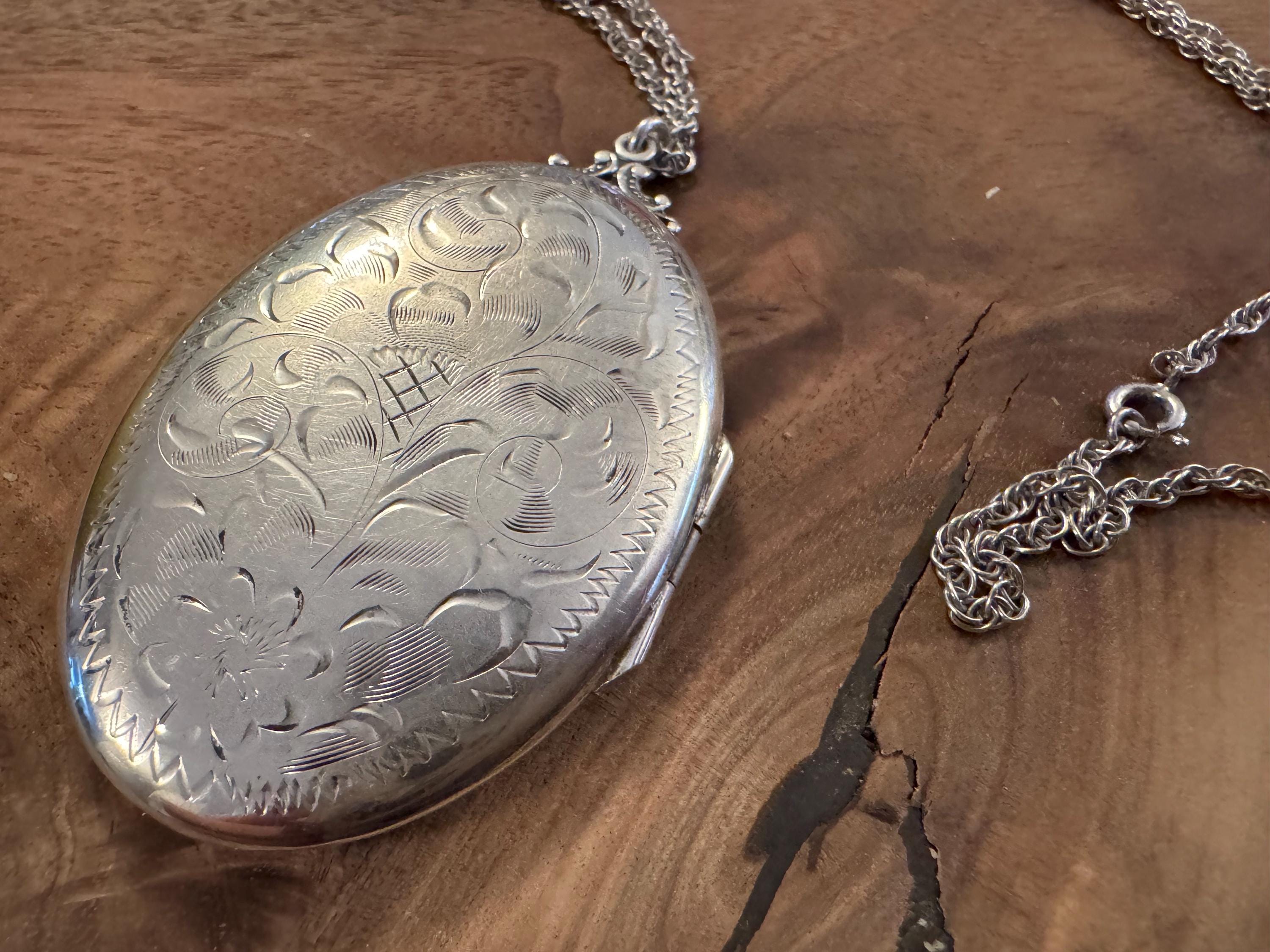 Vintage Birks Jewelry Sterling Silver Engraved Locket Necklace – Ornate Floral Design