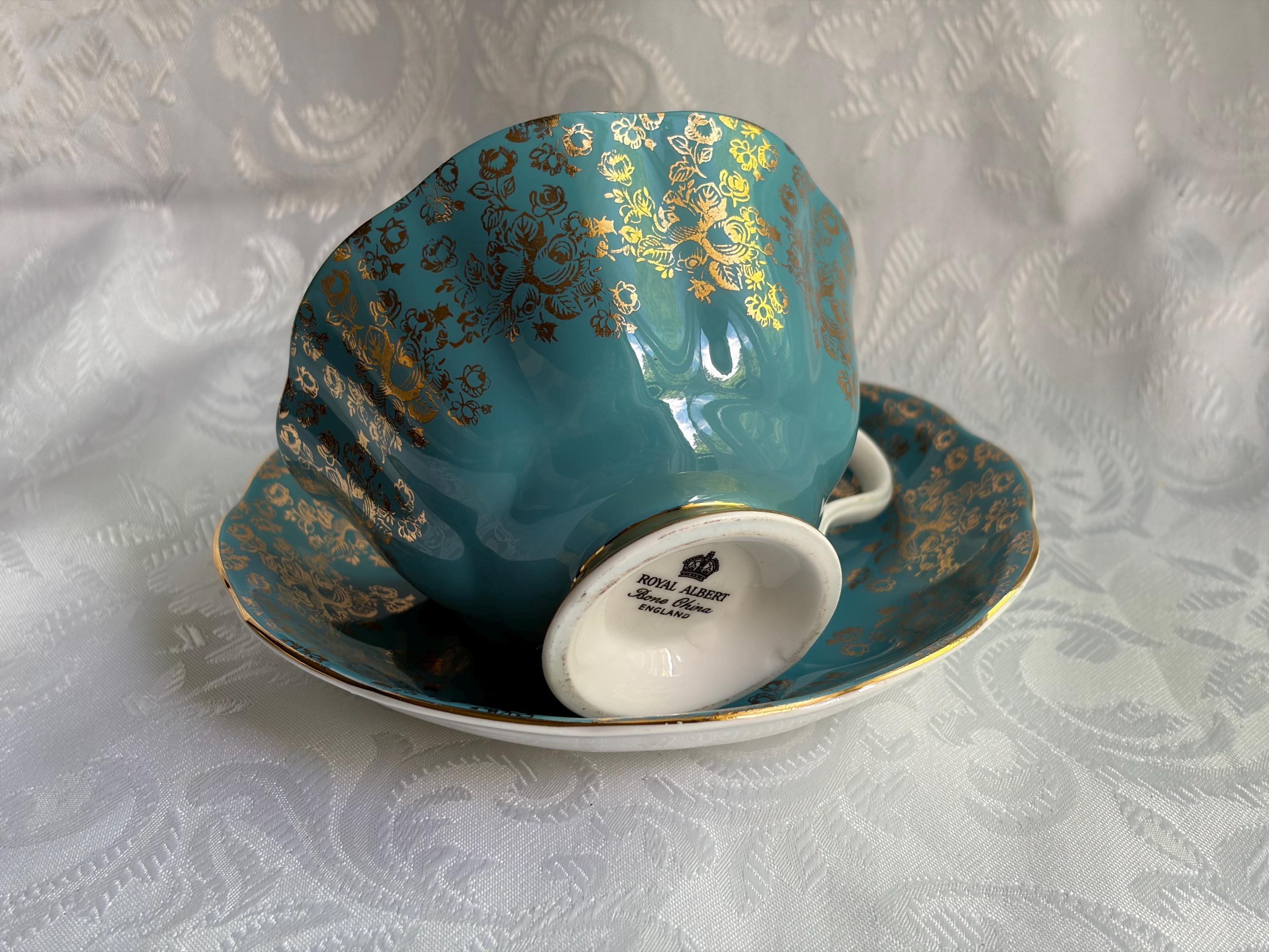 Royal Albert Turquoise Gold Bone China Teacup Saucer – Rose Floral England