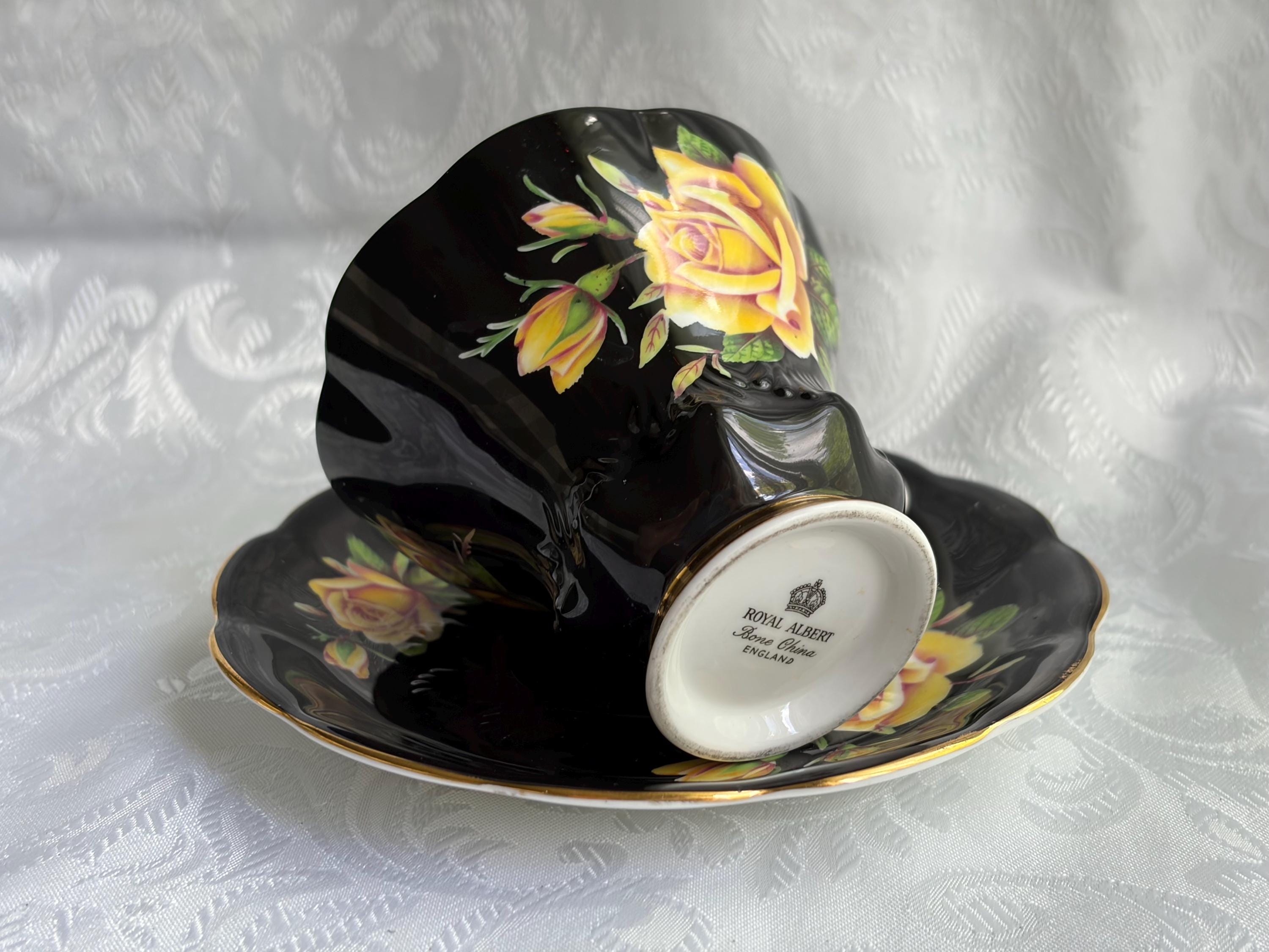 Royal Albert Rosemary Teacup Saucer | Black Yellow Roses Fine China England